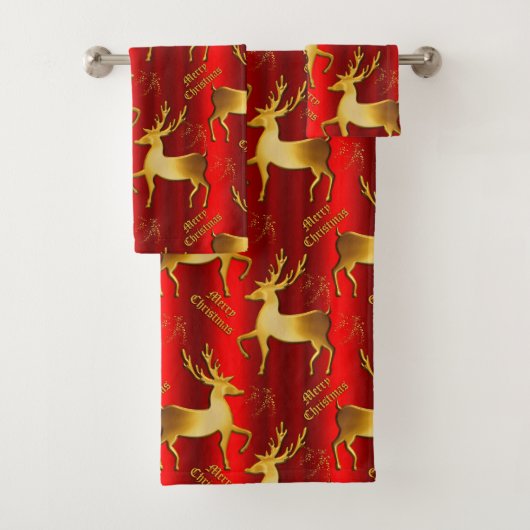 Festive Red and Gold Reindeer Merry Kerstmis Bad Handdoek (Insitu)
