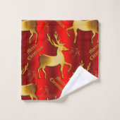 Festive Red and Gold Reindeer Merry Kerstmis Bad Handdoek (Wasdoekje)