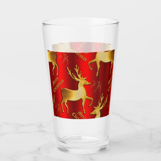 Festive Red and Gold Reindeer Merry Kerstmis Glas (Achterkant)