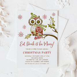 Festive Red and Green Owl Kerstparty Kaart