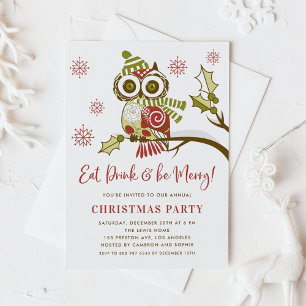Festive Red and Green Owl Kerstparty Kaart