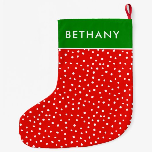 Festive Red And Green Snow Pattern Custom Name Grote Kerstsok (Achterkant)