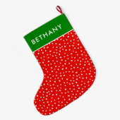Festive Red And Green Snow Pattern Custom Name Grote Kerstsok (Achterkant (Hangend))