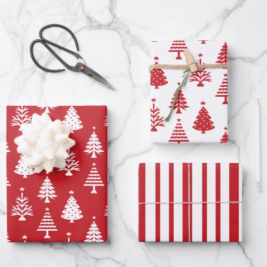 Festive Red and White Christmas Tree Pattern Inpakpapier Vel (Voorkant)