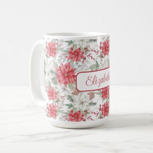 Festive Red and White Poinsettias Monogramed Koffiemok (Voorkant links)