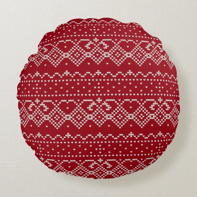 Festive Red and White Scandinavian Knit Pattern Rond Kussen (Voorkant)