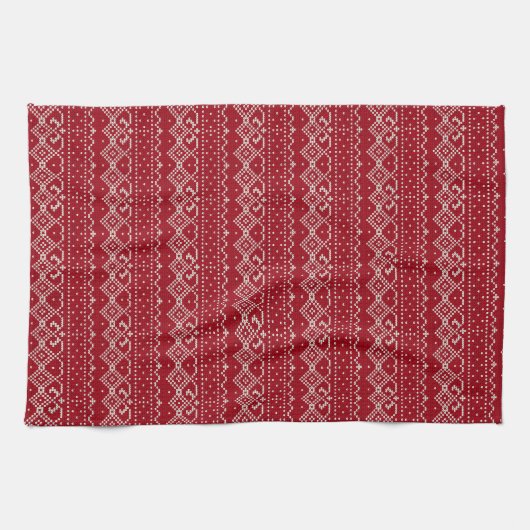 Festive Red and White Scandinavian Knit Pattern Theedoek (Horizontaal)