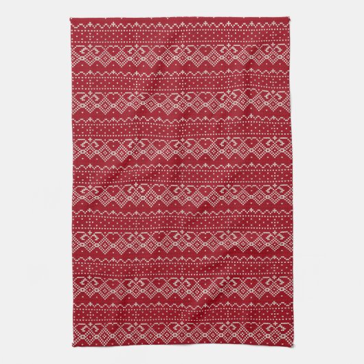 Festive Red and White Scandinavian Knit Pattern Theedoek (Verticaal)