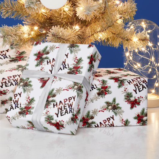  Festive Red Berries Happy New Year Pattern Cadeaupapier (Feestdagen)