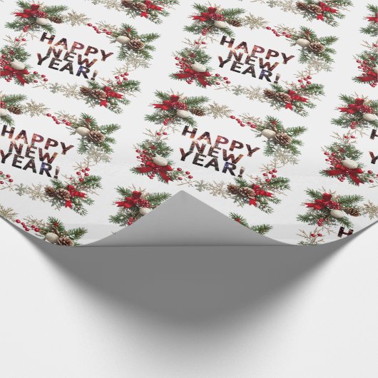 Festive Red Berries Happy New Year Pattern Cadeaupapier (Hoek)