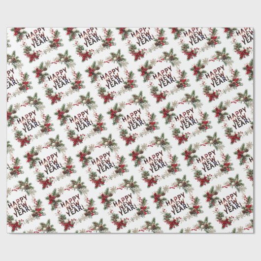  Festive Red Berries Happy New Year Pattern Cadeaupapier (Vlak)