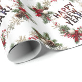  Festive Red Berries Happy New Year Pattern Cadeaupapier (Rol Hoek)