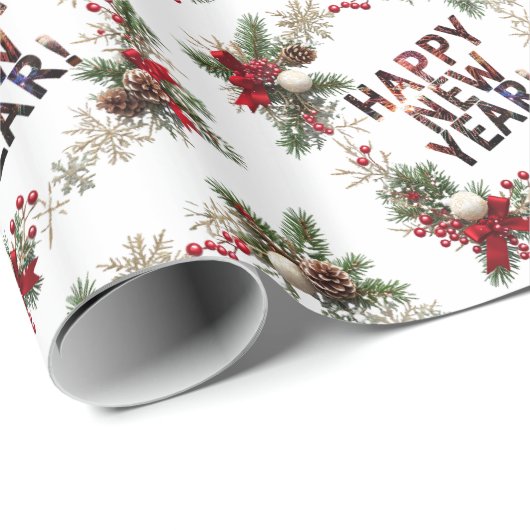  Festive Red Berries Happy New Year Pattern Cadeaupapier (Rol Hoek)