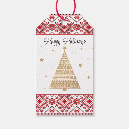 Festive Red Black Classic Nordic Fair Isle Motif Cadeaulabel (Voorkant)