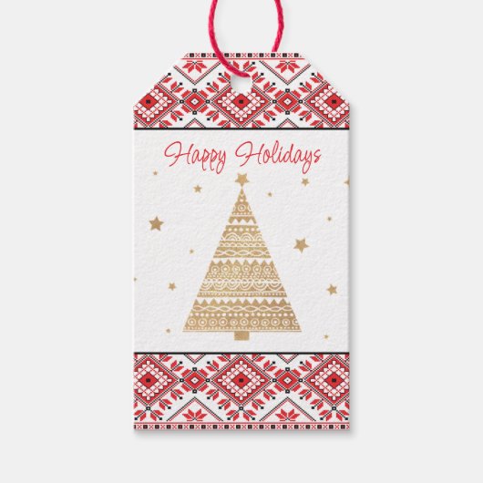 Festive Red Black Classic Nordic Fair Isle Motif Cadeaulabel (Voorkant)