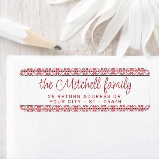 Festive Red Black Classic Nordic Fair Isle Motif Etiket (Insitu)