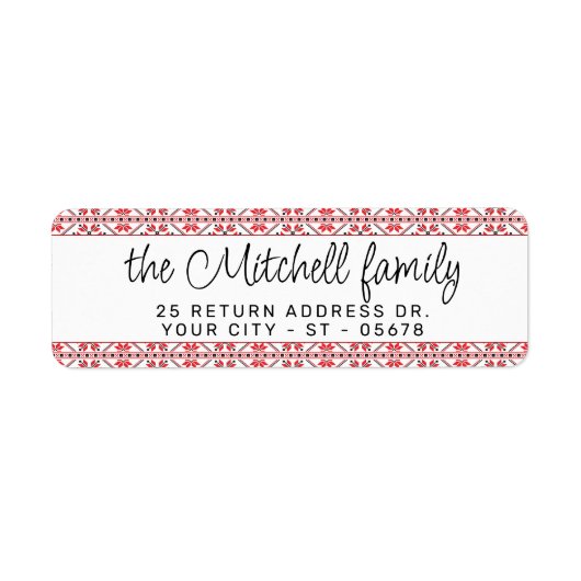 Festive Red Black Classic Nordic Fair Isle Motif Etiket (Voorkant)