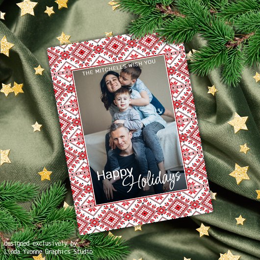 Festive Red Black Classic Nordic Fair Isle Motif Feestdagenkaart