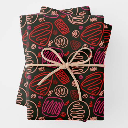 Festive Red Black One Line Art Pattern-Feestdagen Inpakpapier Vel (In situ)