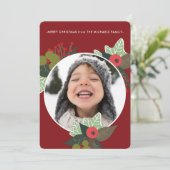 Festive Red Botanical Circuit Foto Kerstmis Feestdagenkaart (Staand voorkant)