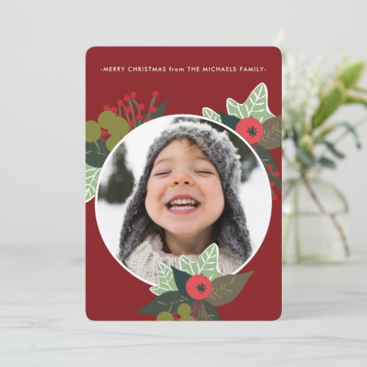 Festive Red Botanical Circuit Foto Kerstmis Feestdagenkaart (Staand voorkant)