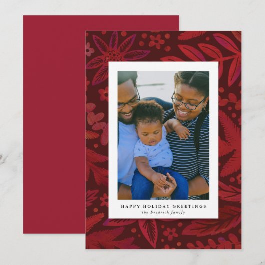 Festive Red Botanical Holiday Photo Card (Voorkant / Achterkant)