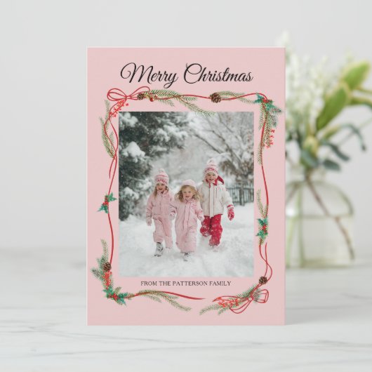 Festive Red Bow Border -1 Photo Dusty Pink Feestdagenkaart (Staand voorkant)