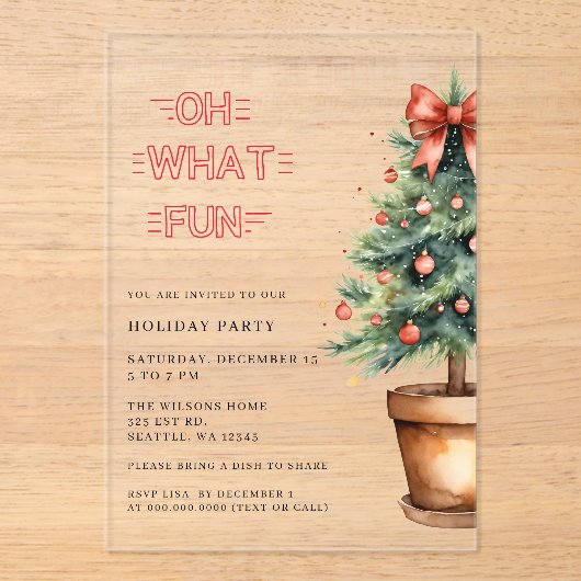 Festive Red Bow Christmas Tree Party Acryl Uitnodigingen (Voorkant)