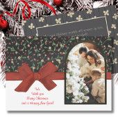Festive Red Bow & Floral Flat Holiday Card Feestdagenkaart
