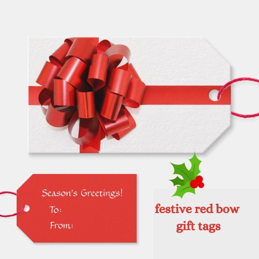 Festive Red Bow on White "Sason's Greetings" Cadeaulabel