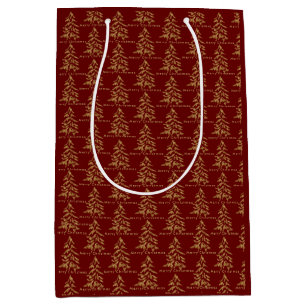 Festive Red Burgundy Gold Trees Merry Kerstmis Medium Cadeauzakje