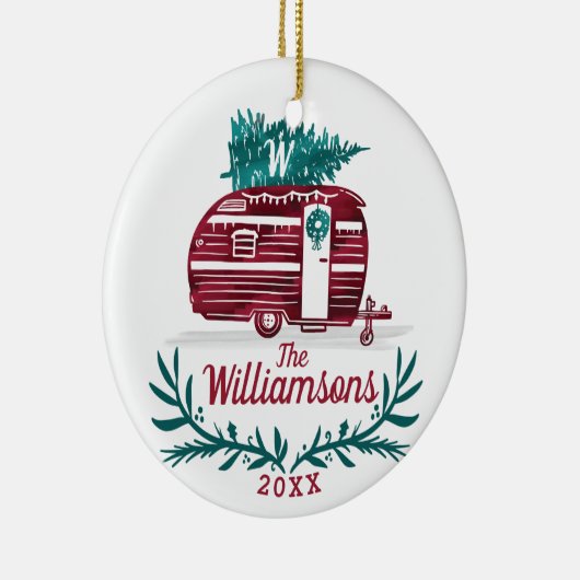 Festive  Red Camper kerstboommonogram Keramisch Ornament (Rechts)