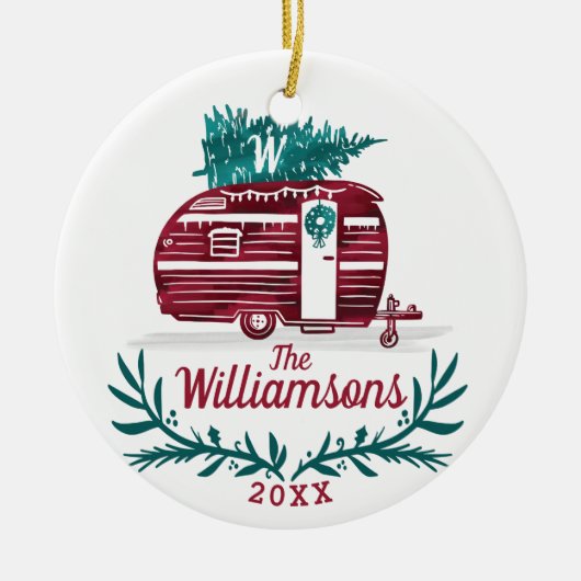 Festive  Red Camper kerstboommonogram Keramisch Ornament (Voorkant)