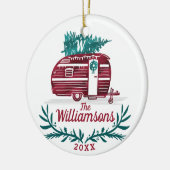 Festive  Red Camper kerstboommonogram Keramisch Ornament (Links)