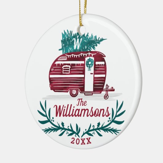Festive  Red Camper kerstboommonogram Keramisch Ornament (Links)
