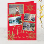 Festive Red Cheers nieuwjaar Gold Snowflake Foto Kaart (Gele Bloem)