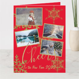 Festive Red Cheers nieuwjaar Gold Snowflake Foto Kaart