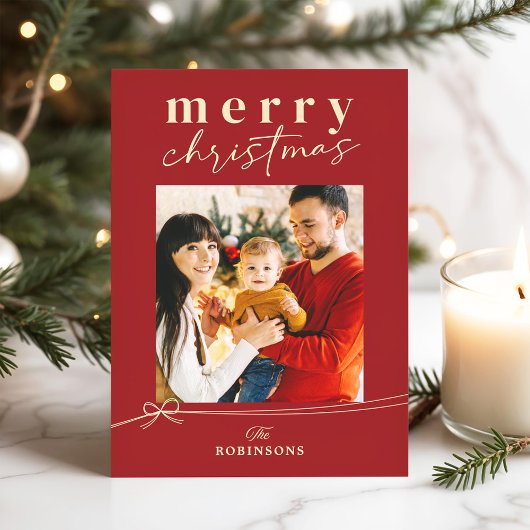 Festive Red Coquette Bow Merry Christmas Photo Feestdagenkaart