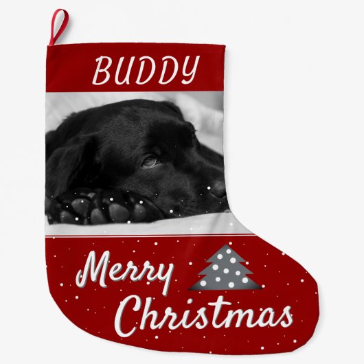 Festive Red Dog Pet Name and Photo Grote Kerstsok (Voorkant)