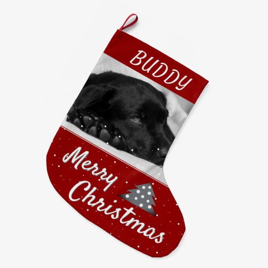 Festive Red Dog Pet Name and Photo Grote Kerstsok (Voorkant (Hangend))