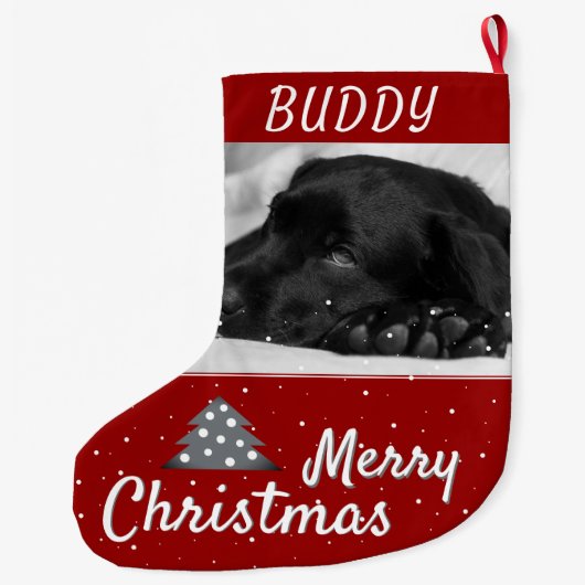 Festive Red Dog Pet Name and Photo Grote Kerstsok (Achterkant)