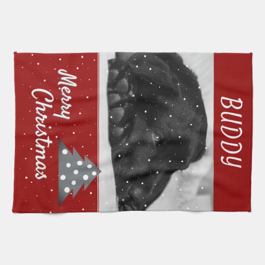 Festive Red Dog Pet Photo Tree kerst Theedoek (Horizontaal)