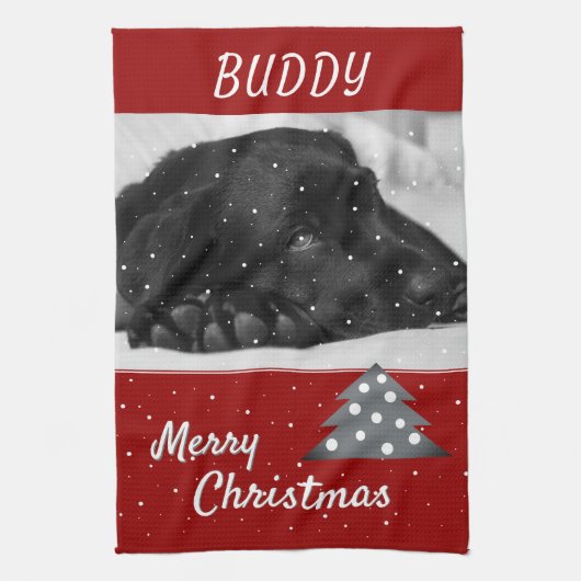 Festive Red Dog Pet Photo Tree kerst Theedoek (Verticaal)