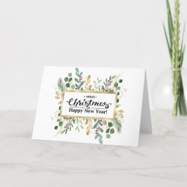 Festive Red Elegant Script Gold Foliage Greenery Feestdagen Kaart