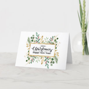 Festive Red Elegant Script Gold Foliage Greenery Feestdagen Kaart
