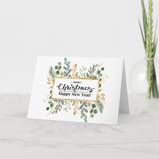 Festive Red Elegant Script Gold Foliage Greenery Feestdagen Kaart (Voorkant)
