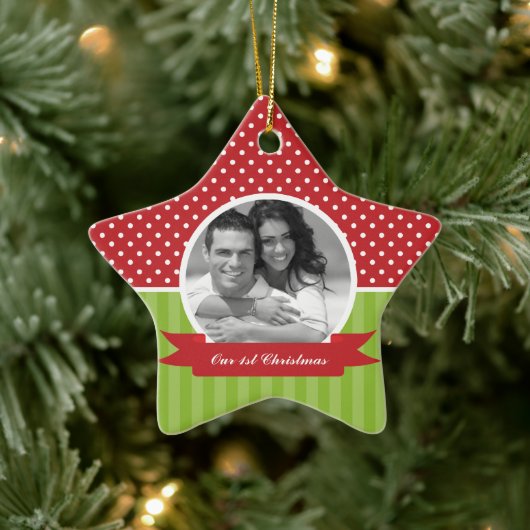 Festive Red- en Green-fotokerst Keramisch Ornament (Boom)