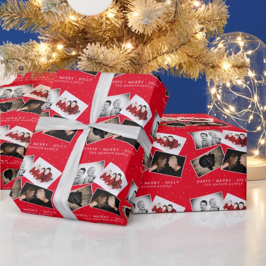 Festive Red Family Foto met kerstcollage Cadeaupapier (Feestdagen)