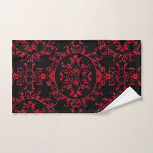 Festive Red Floral Damask op Black Towel Set Bad Handdoek (Handdoek)