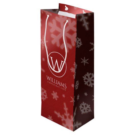 Festive Red Foil Snowflakes Monogram Name Wijn Cadeautas (Achterkant Gekanteld)